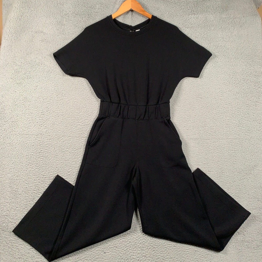 Spanx AirEssentials Wide-Leg Jumpsuit Women XS Cropped Black Short Sleeve Pocket